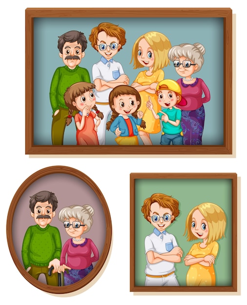 Set of happy family photo on the wooden frame