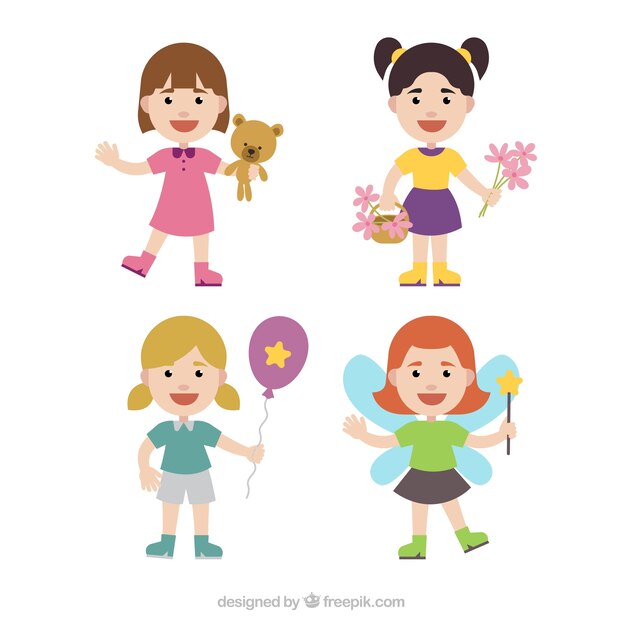 Set of happy girls with toys