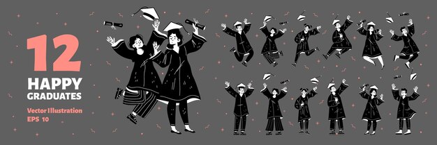 Free vector set of happy graduate student characters in gowns