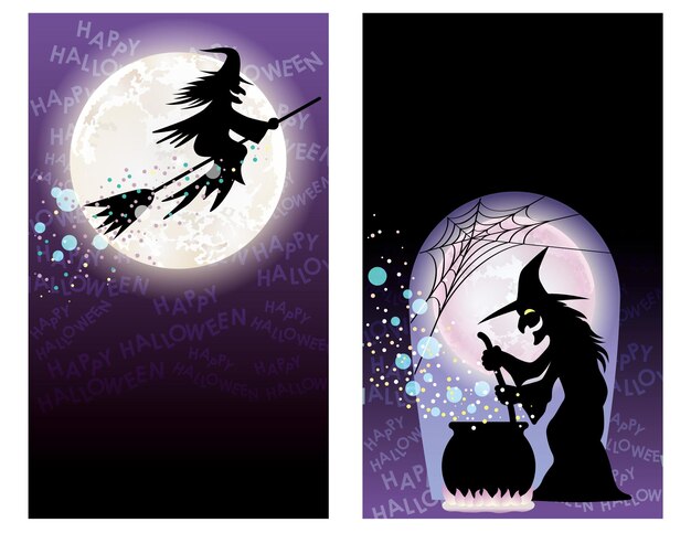 Set Of Happy Halloween Greeting Card Templates With Witches, Vector Illustration.
