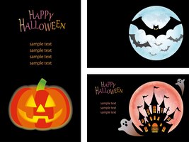 Set of happy halloween vector card templates with jack-o-lantern, bats, and a haunted house.