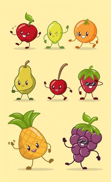 Set of happy kawaii colors fruits