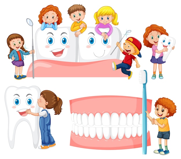 Set di bambini felici che tengono attrezzature per la pulizia dentale sul bac bianco