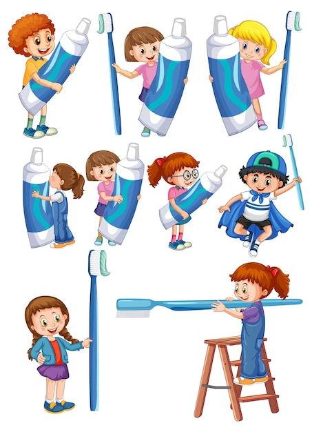 Free vector set of happy kids holding dental cleaning equipment on white bac