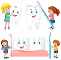 Free vector set of happy kids holding dental cleaning equipment on white bac