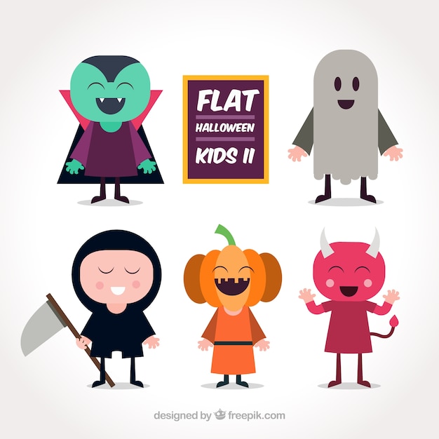 Set of happy kids with funny costumes