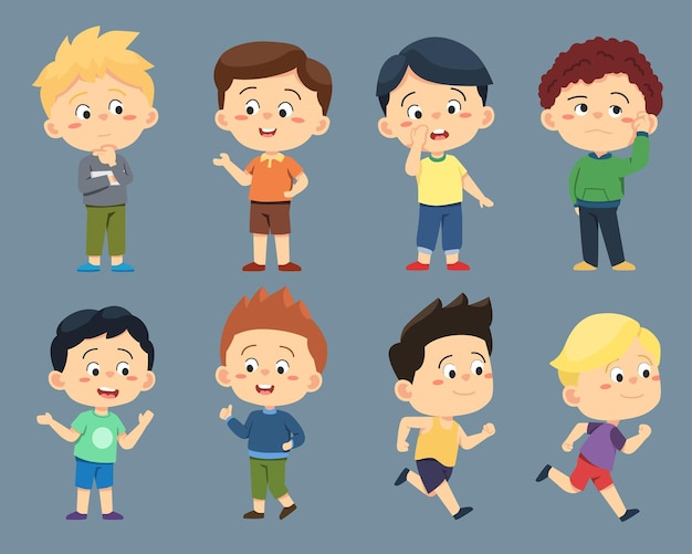 Free vector set of happy multiethnic preschool boys standing in different action