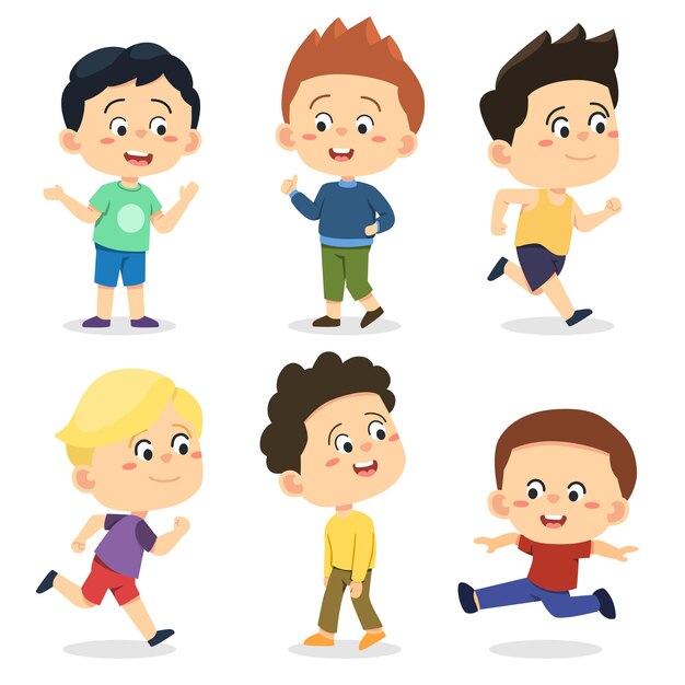 Set of Happy multiethnic preschool boys standing in different action