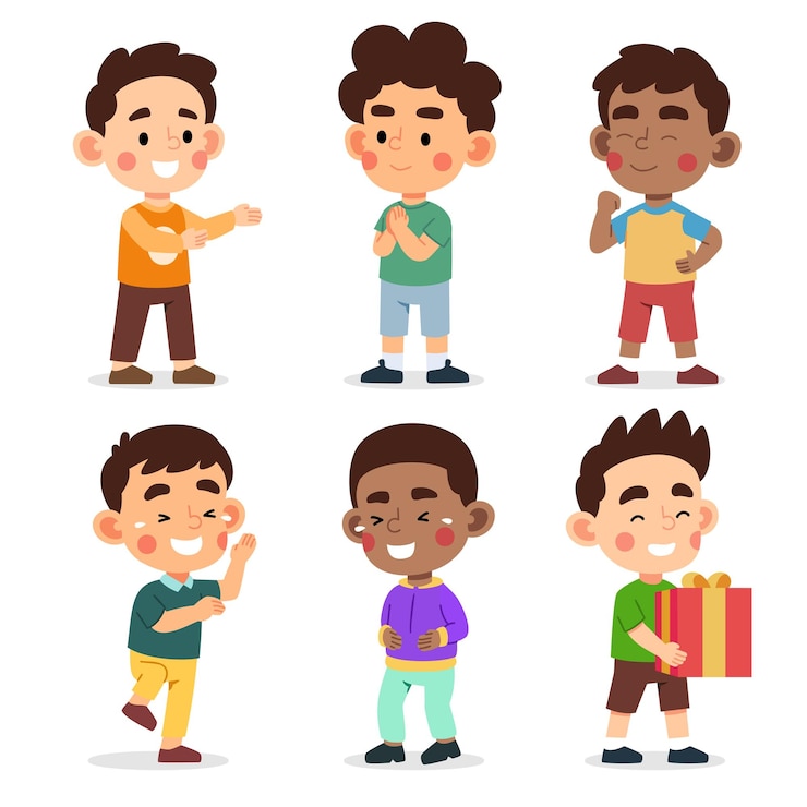無料Vector さまざまなアクションで立っている幸せな多民族の就学前の男の子のセット