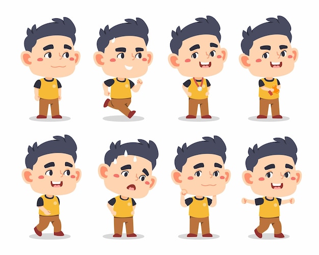 Free vector set of happy multiethnic preschool boys standing in different emotion