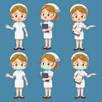 Free vector set of happy woman in nurse uniform with different acting in cartoon character, isolated flat illustration