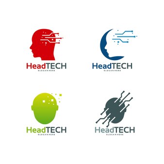 Set of head tech logo, pixel head logo concept vector, robotic technology logo template designs vector illustration