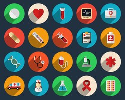 Free vector set of health care and medicine icons in flat style. pharmacy symbol sign, syringe and tablets