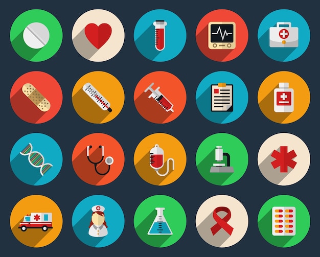 Set of health care and medicine icons in flat style. Pharmacy symbol sign, syringe and tablets