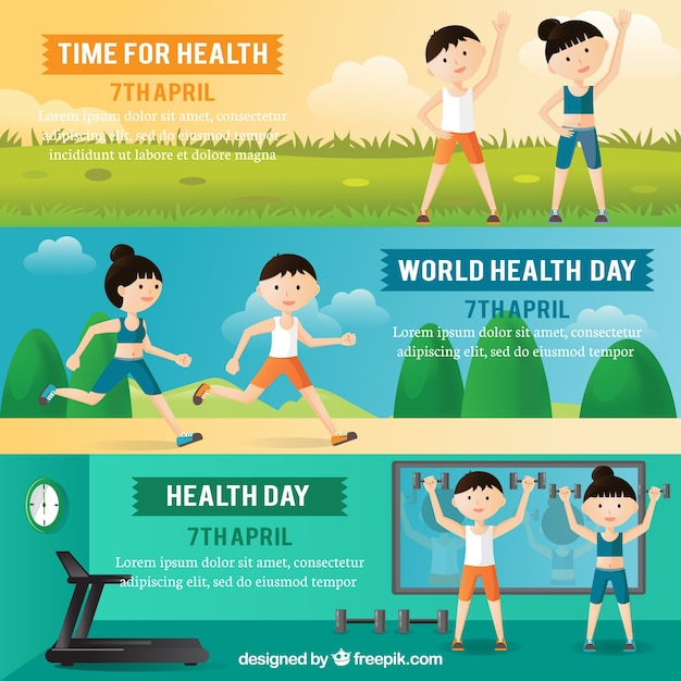 Set of health day banners with people doing sport