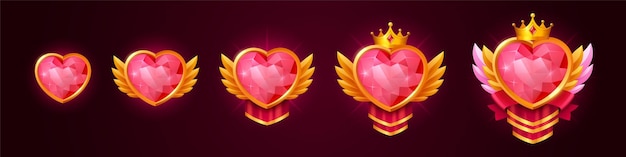 Set di cornici di rango di gioco a forma di cuore sullo sfondo