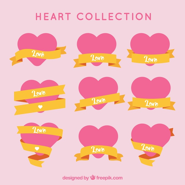 Set of hearts with golden ribbons