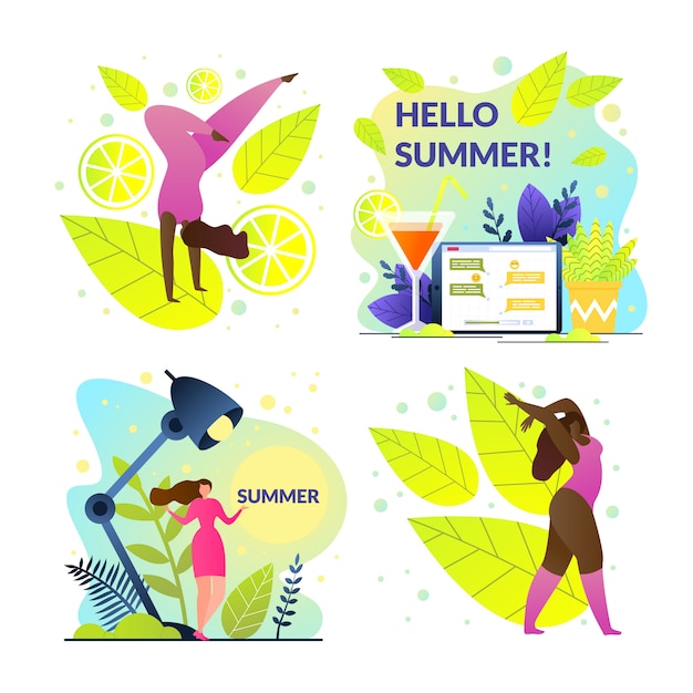 Free vector set hello summer girl at work and on vacation