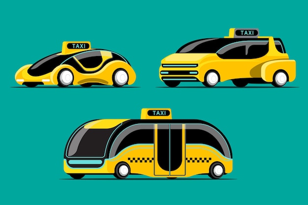 Набор высокотехнологичных автомобилей такси в современном стиле на зеленом