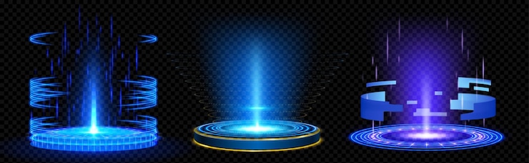 Free Vector set of high tech hologram portals with blue light effect vector realistic illustration of futuristic game technology round podiums with glowing laser beams neon hologram teleport to scifi universe