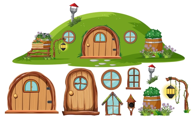 Vettore gratuito set di decorazioni per elementi casa hobbit