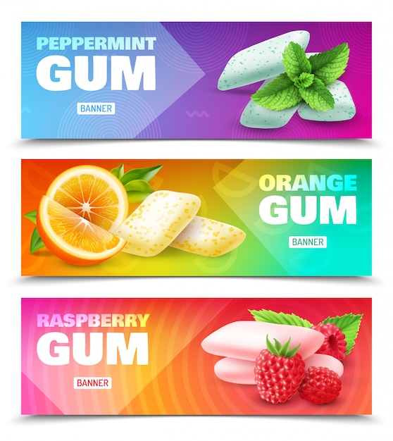 Free vector set of horizontal ad banners realistic chewing gum with various flavor isolated on colorful