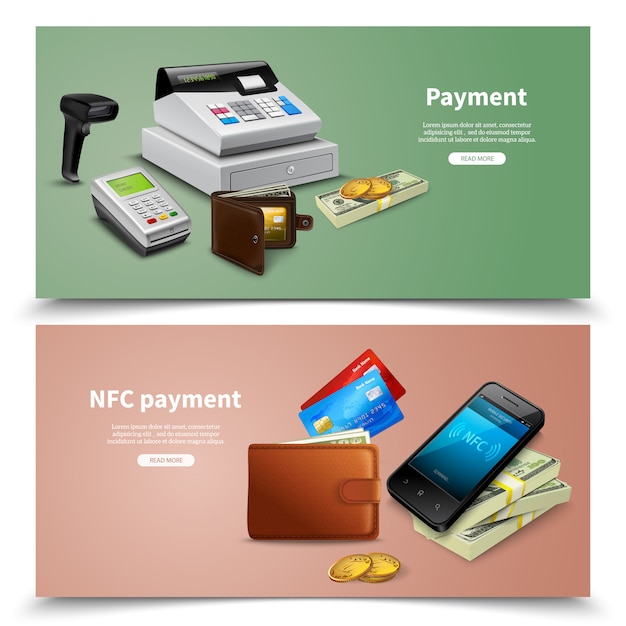 Set of horizontal banners realistic financial equipment with money and nfc payment