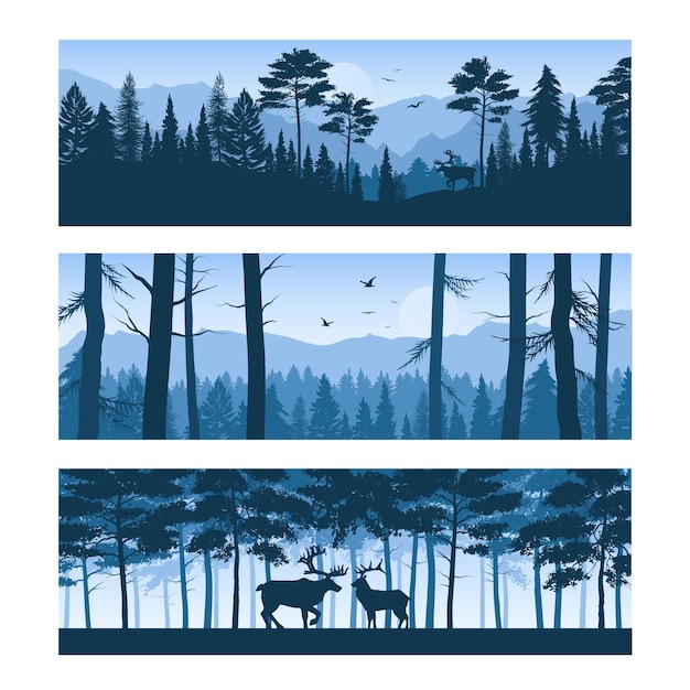 Set of horizontal banners realistic forest landscapes with\
deers and birds in sky isolated