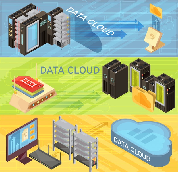 Vettore gratuito insieme delle insegne isometriche orizzontali con la nuvola di dati, il trasferimento di informazioni, il router, i server d'hosting, illustrazione di vettore isolata computer