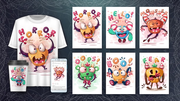 Set horror cute monster poster and merchandising