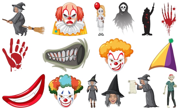 Free vector set of horror halloween objects and cartoon characters