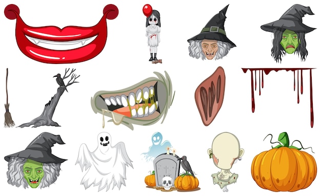 Free vector set of horror halloween objects and cartoon characters