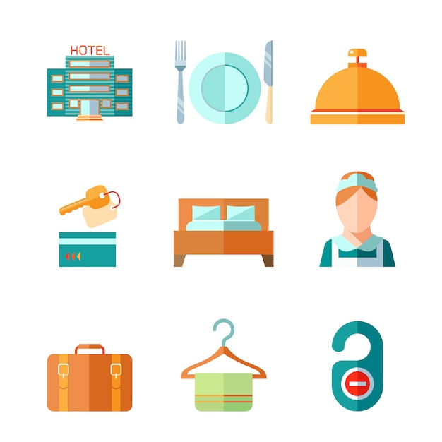 Free vector set of hotel bell key bed luggage chambermaid icons in flat color style