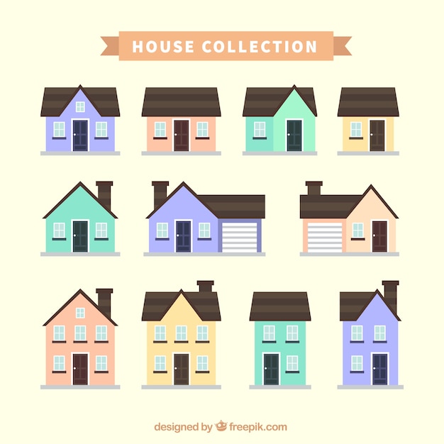 Set of house facades in pastel colors
