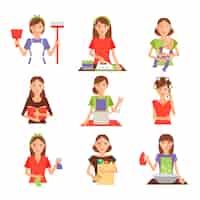 Free vector set of housewife in flat style. homemaker cleaning ironing cook wash and shopping.