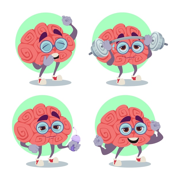 Free vector set of human brain character lifting dumbbell, drinking cocktail, showing muscles