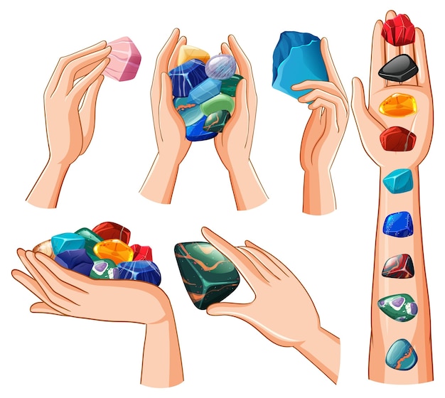 Free vector set of human hands with healing crystals