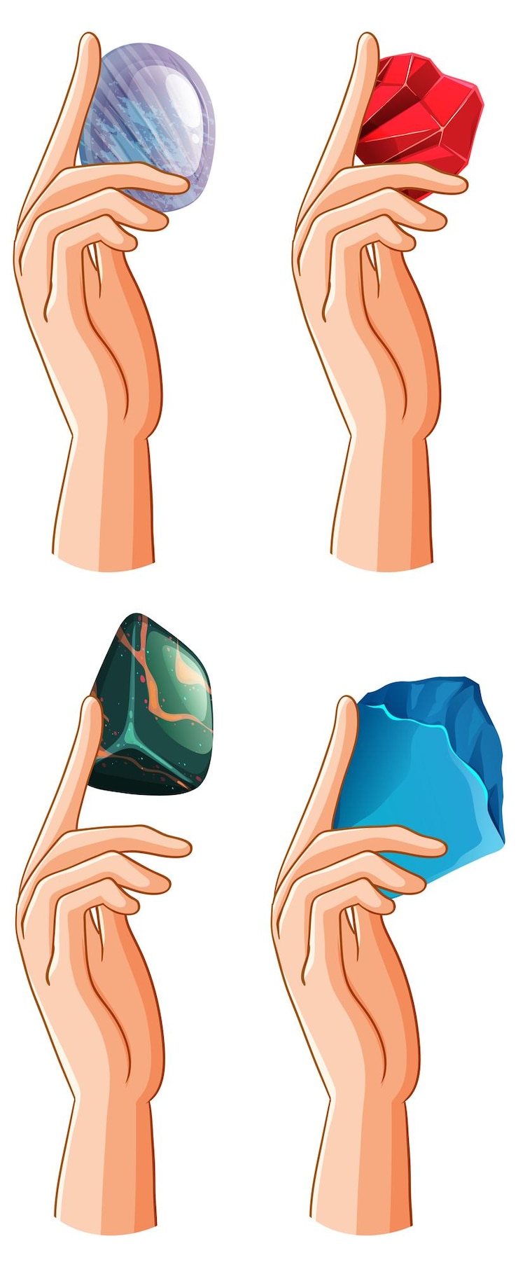 Free Vector set of human hands with healing crystals