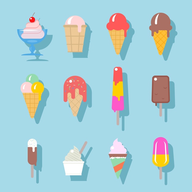 Free vector set of ice cream icons in flat style. ice cream on a stick, in waffle cup.