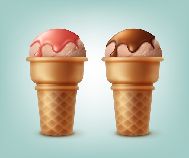 Free vector set of ice creams in waffle cones sprinkled with syrup isolated