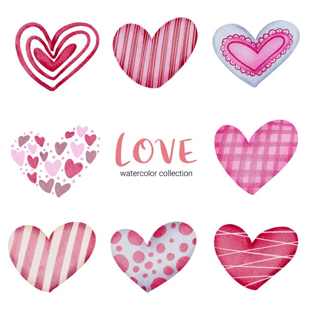Set icon of hearts painted with water colours and different textures, isolated watercolor valentine concept element lovely romantic red-pink hearts for decoration, illustration.