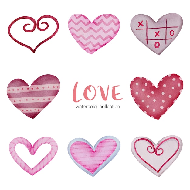 Set icon of hearts painted with water colours and different textures, isolated watercolor valentine concept element lovely romantic red-pink hearts for decoration, illustration.