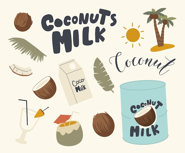 Set di icone del tema del latte di cocco. cocktail con cannuccia e ombrellone, foglie di palma, confezione con bevanda e lattina con latte di cocco