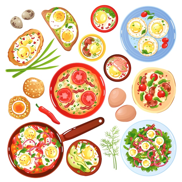 Набор иконок блюд из перепелиных и куриных яиц с овощами, грибами и зеленью изолированных иллюстрация