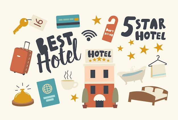 Набор иконок пятизвездочный отель наивысшего качества гостиничного обслуживания тема