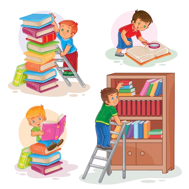 Free vector set icons of small children reading a book