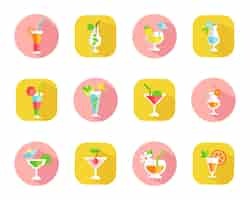 Vettore gratuito set di icone di cocktail tropicali su pulsanti web colorati con cocktail in bicchieri di forma diversa