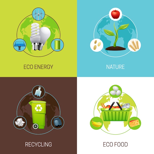 Free vector set of icons with different types of ecology concept illustrations vector illustration