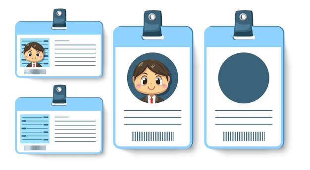 Set of  identification or employee card of worker in blue vertical and horizontal card in cartoon character, isolated flat illustration