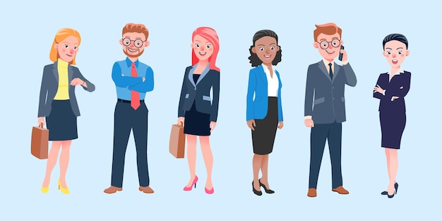 격리된 국제 비즈니스 팀 캐릭터들이 사무복을 입고 서서 웃고 있는 삽화 세트